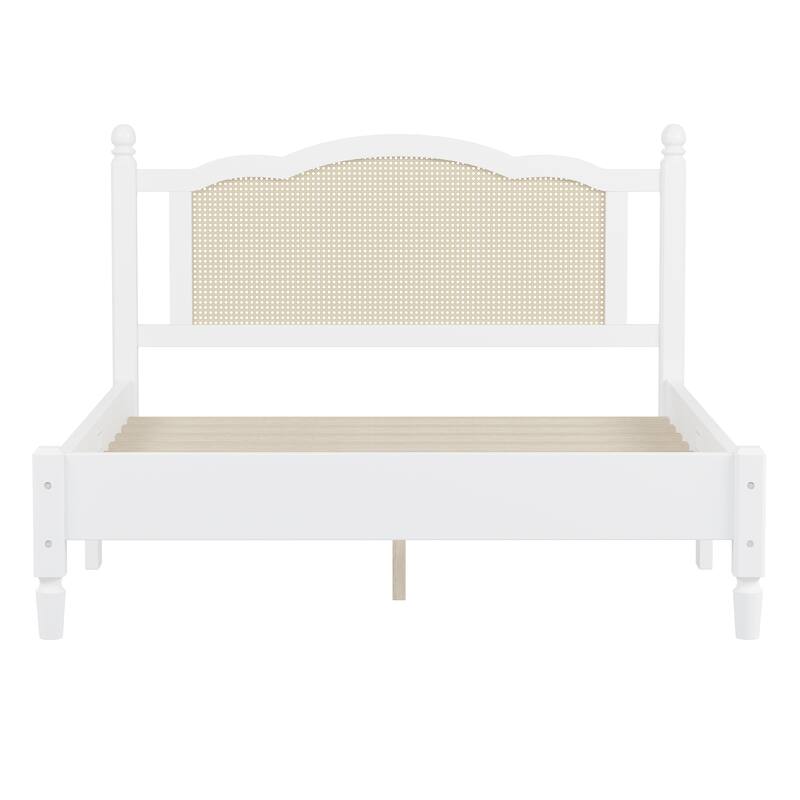 Wooden Platform Bed with Arc Rattan Headboard Bed Frame, Pine Wood Panel Bed, Solid Wood Legs for Bedroom