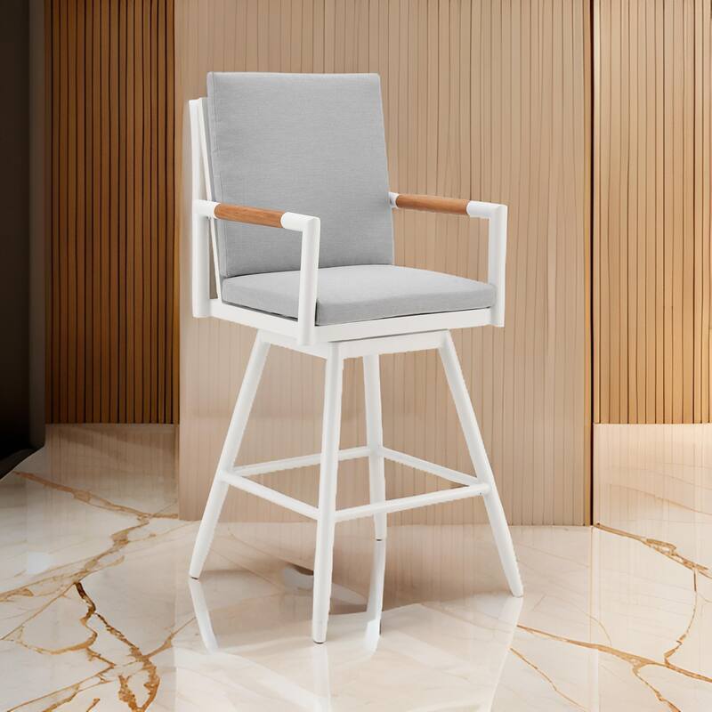 Razi 30 Inch Outdoor Swivel Barstool Chair, White Aluminum, Gray Cushions