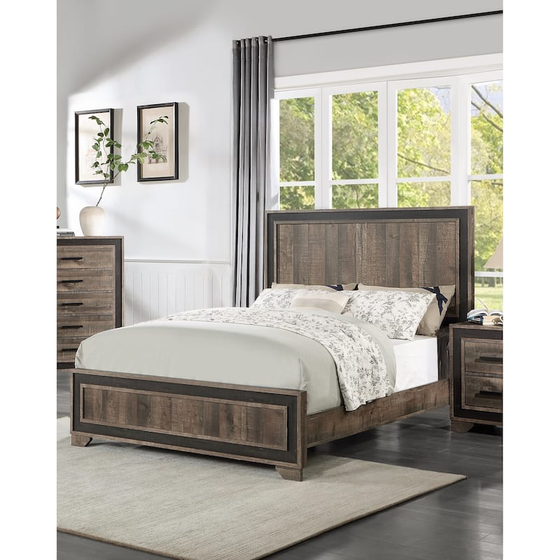 Queen Size Oak Finish High Headboard Wooden Bed with Panel Design - Oak