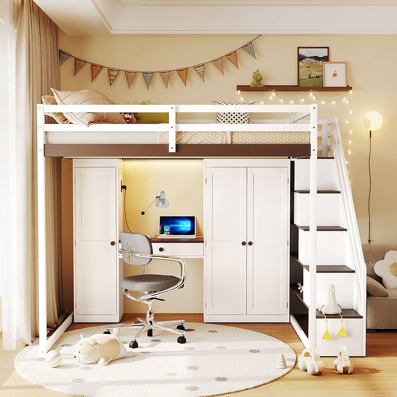 Roomfitters Full Size Loft Bed with Wardrobe, Dressing Table and Storage Staircase - White+Brown