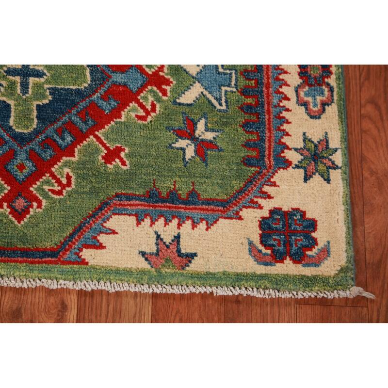 Green Kazak Foyer Rug Traditional Handmade Wool Carpet - 2'7"x 4'1"