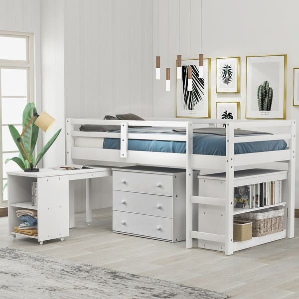 slide 2 of 13, Low Study Twin Loft Bed with Rolling Portable Desk, White White
