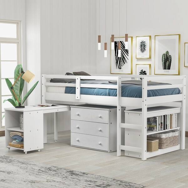 slide 2 of 27, Modern Twin Low Loft Bed with Desk, Cabinet, and Rolling Desk White