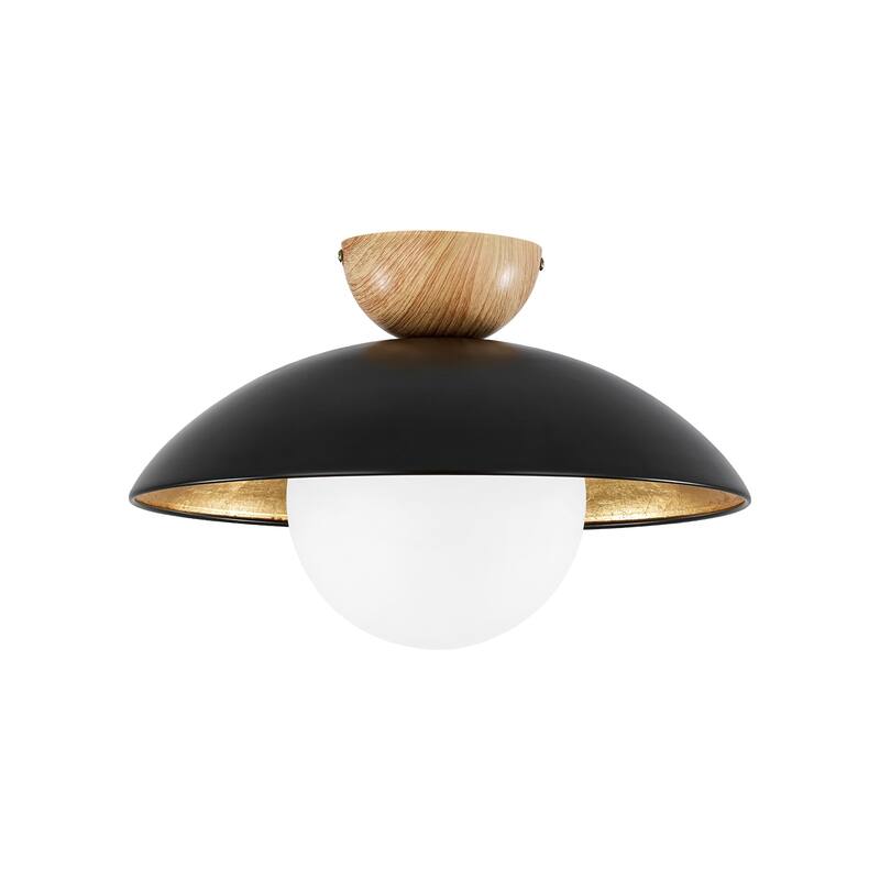 1-Light Modern Black Dome Gold Leaf Semi-Flush Mount Light w/Opal Glass Globe Bubble Shade - 14.5 in. W x 9.8 in. H