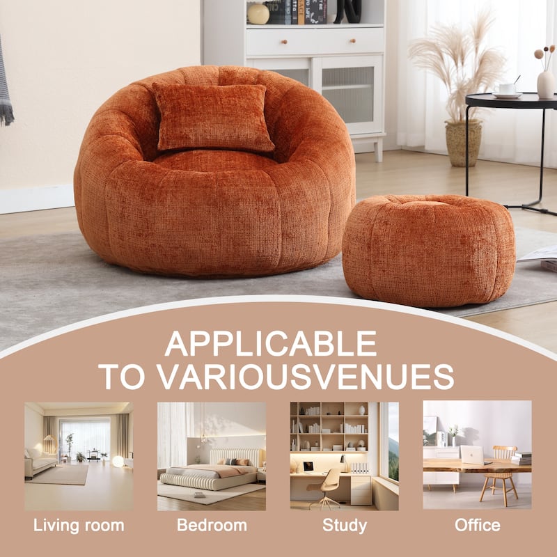 HOMEFUN Chenille Upholstered Round Lazy Cozy Bean Bag Chair with Ottoman and a Pillow