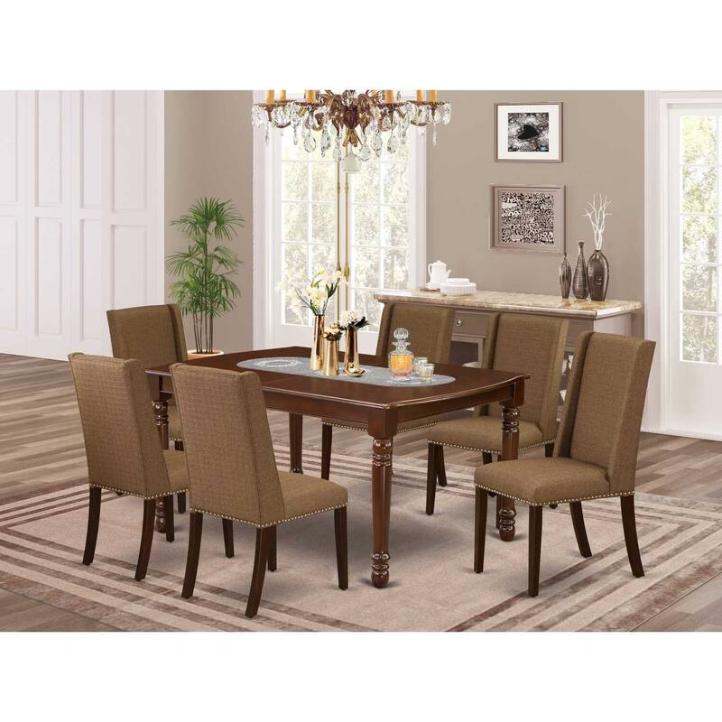 7-Piece Dining Set - Solid Wood Table & 6 Parson Chairs - Mahogany Finish