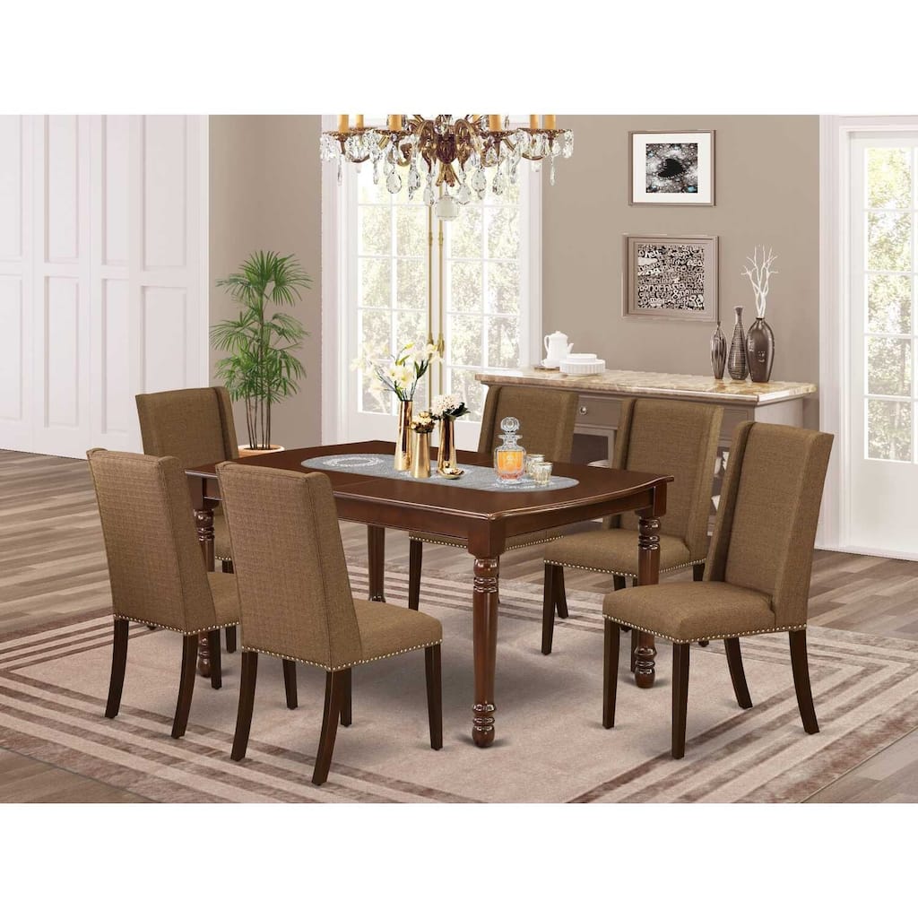 7-Piece Dining Set - Solid Wood Table & 6 Parson Chairs - Mahogany Finish
