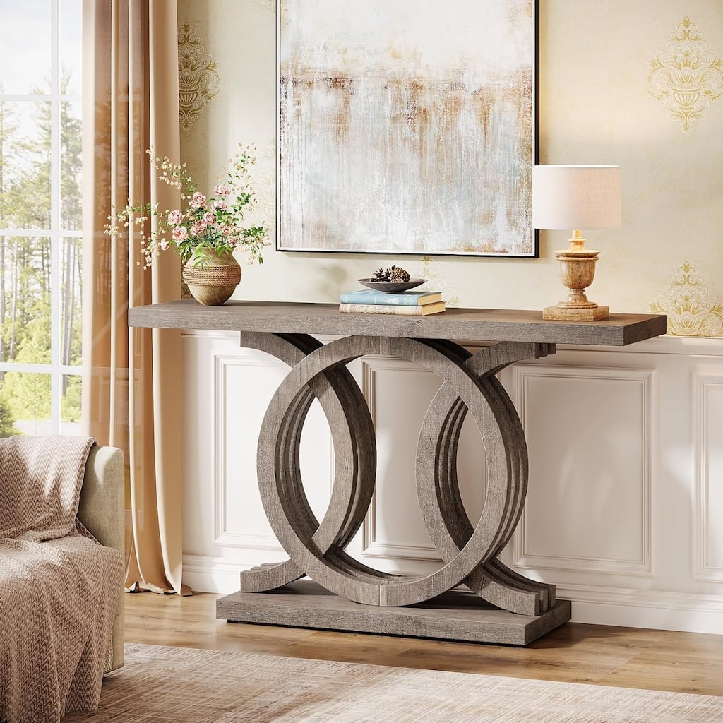 55 Inches Console Table with Geometric Wood Base, Entryway Table