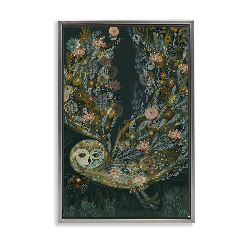 Stupell Floral Folk Barn Owl Framed Floater Canvas Wall Art Design By Kay Widdowson - 17 x 25 - Grey