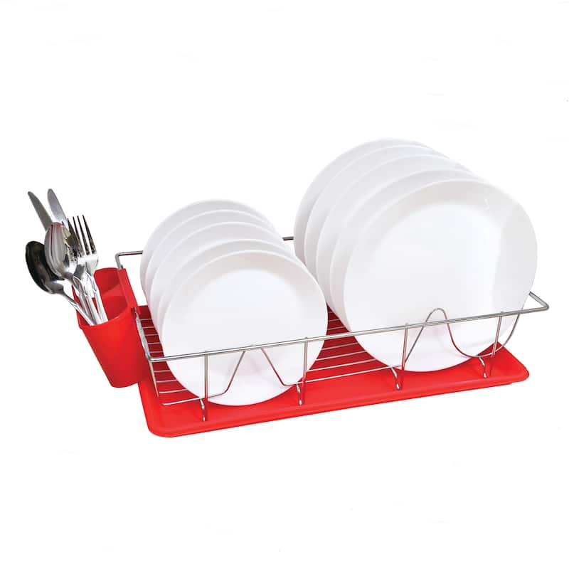 Kitchen Details 3 Piece Chrome Dishrack with Tray in Red - 19"x12"x4"