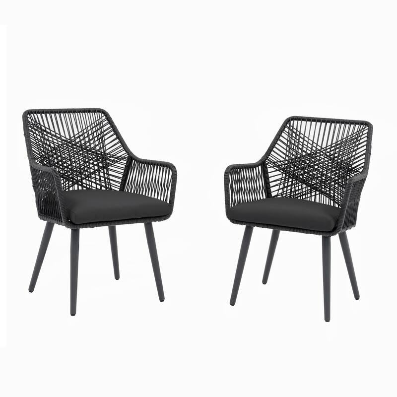Outdoor Patio Woven Rope Dining Chairs With Armrest and Seat Cushions