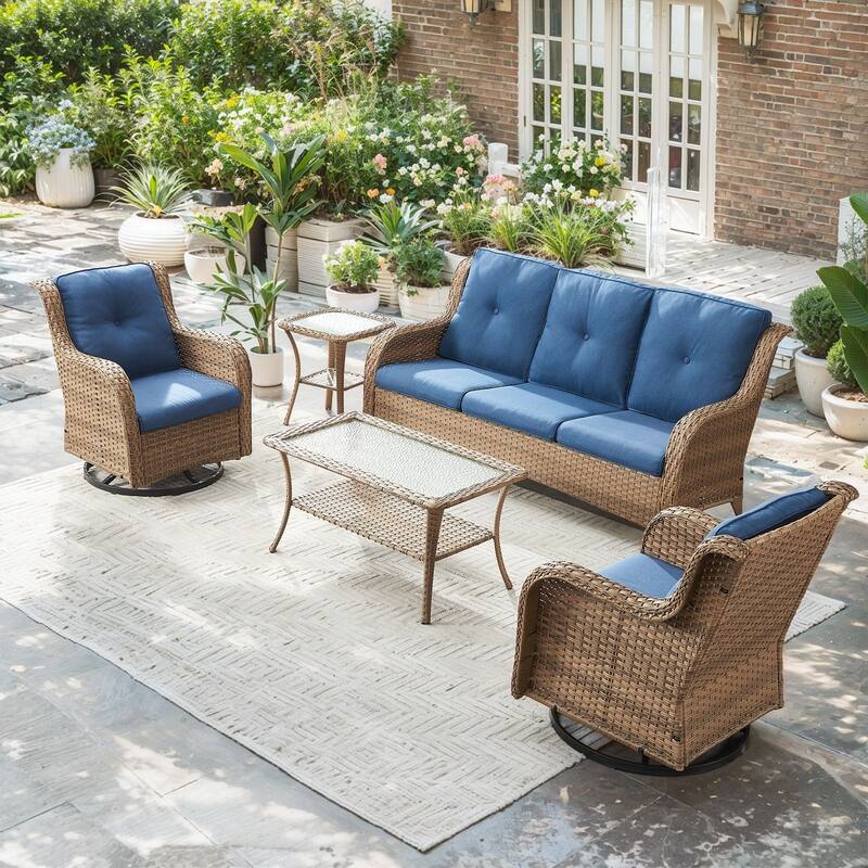 Pocassy 5 Pieces Outdoor 4 Inch Sofa Swivel Chairs Table - Blue cushion - Yelllow Wicker