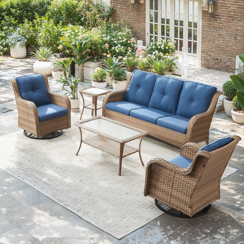 Pocassy Outdoor 4 Inch Sofa Swivel Chairs Table - Yellow Wicker Blue Cushion - 5 Pieces 3-Seat Sofa Swivel Chair Table