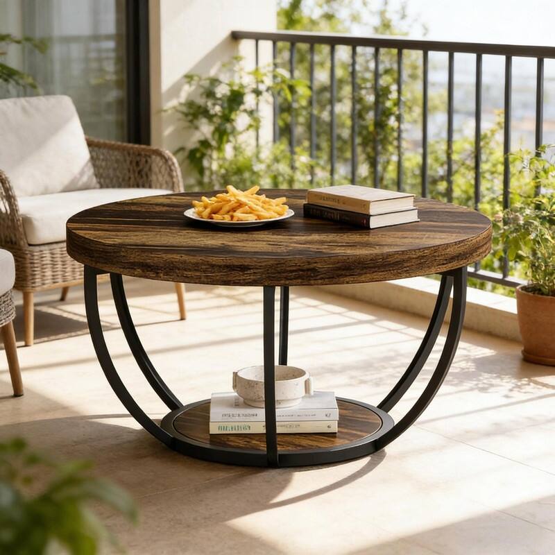 Round 2-Tier Wood Coffee Table with Metal Base for Living Room
