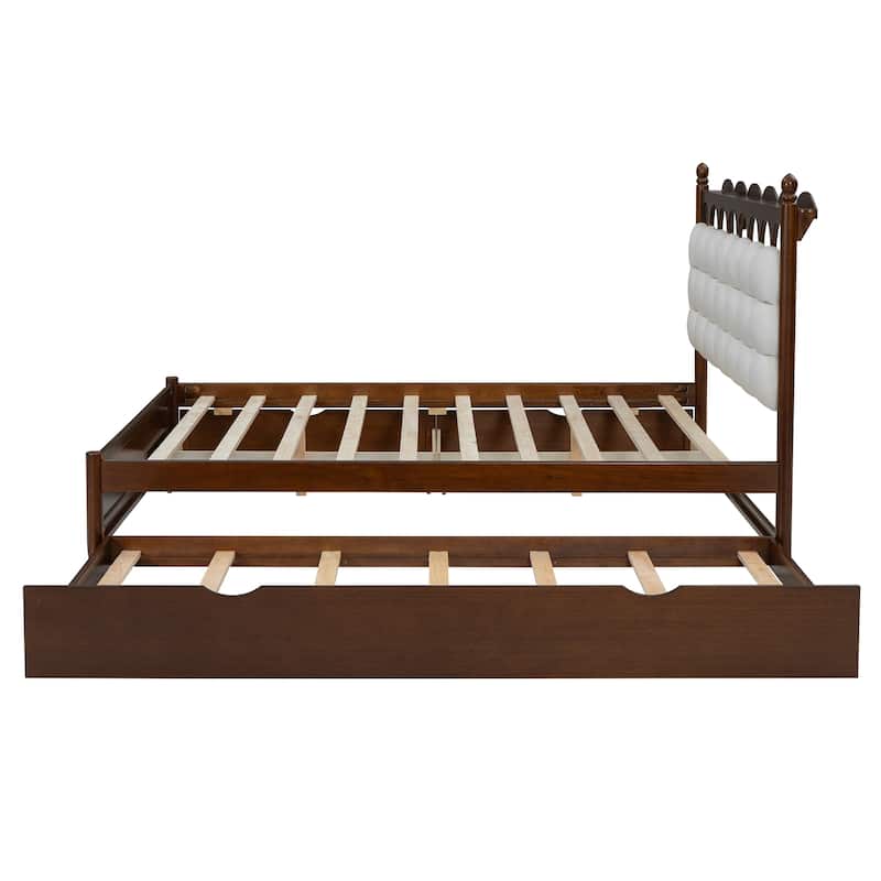 Queen Size Wooden Platform Bed with Sockets and USB Ports, Solid Pine Wood Storage Bed Frame with 2 Drawers and Twin XL Trundle