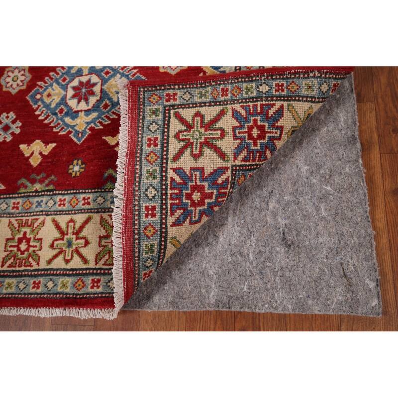 Red Geometric Kazak Accent Rug Handmade Traditional Wool Carpet - 3'5" x 5'0"