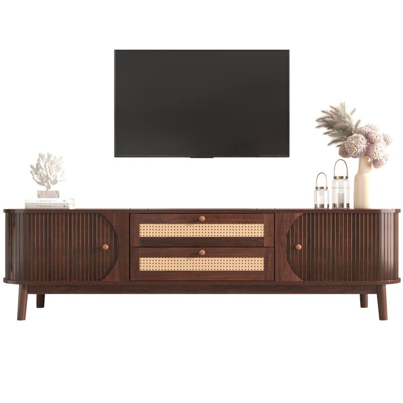Rattan TV Stand for TVs up to 75", Boho Entertainment Center with 2 Doors & 2 Drawers, Long TV Console with 2 Cord Holes