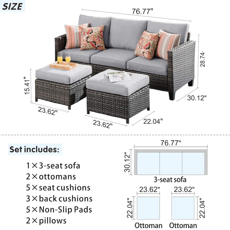 OVIOS 3-piece Outdoor Wicker Conversation Ottoman Set