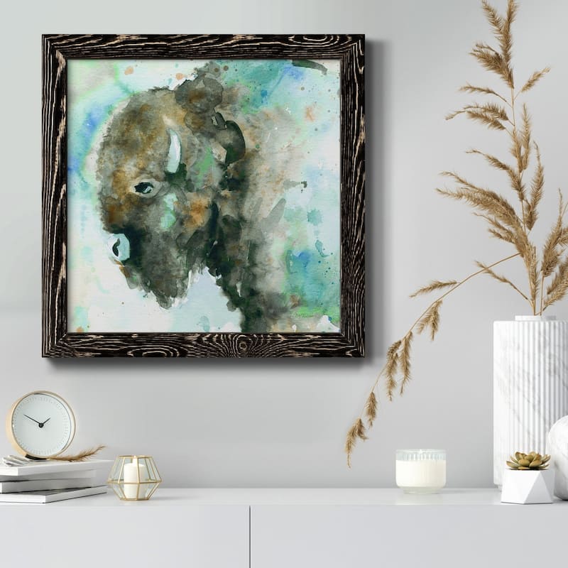 Buffalo On Blue-Premium Framed Canvas - Ready to Hang