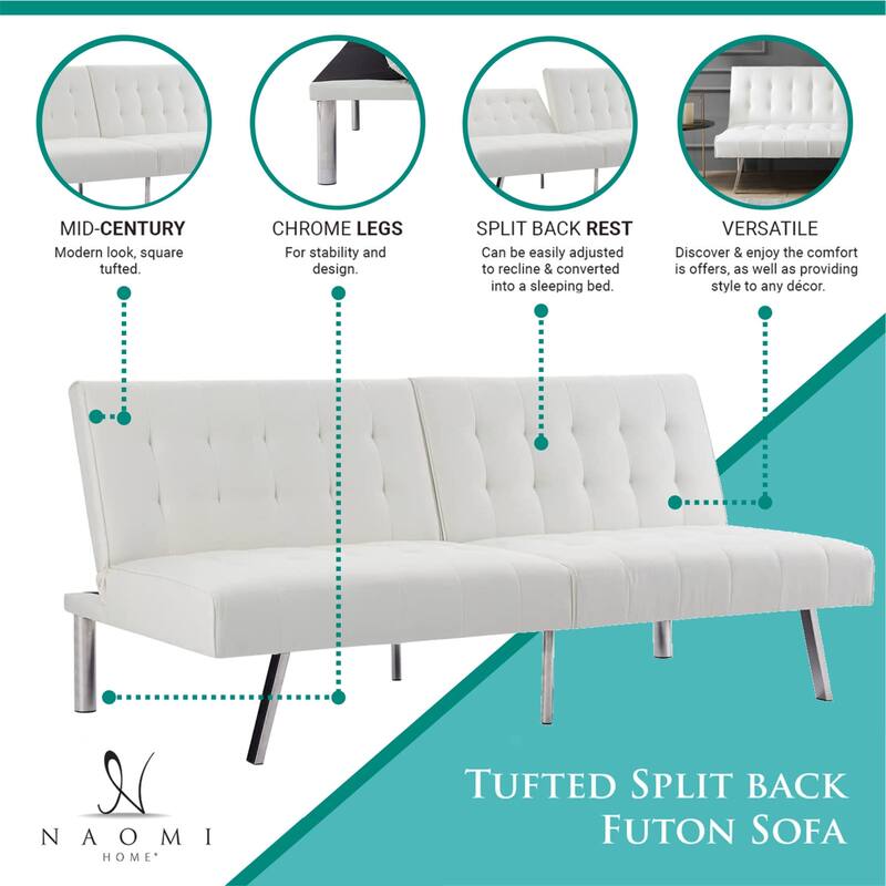 Tufted Mid-Century Modern Split Back Futon Sofa Couch Bed with Chrome Legs