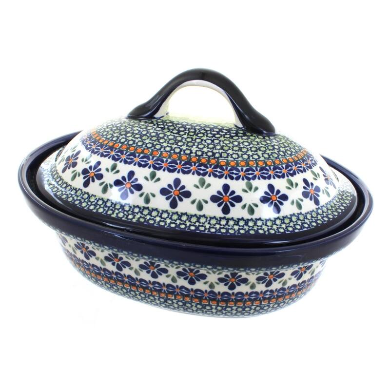 Blue Rose Polish Pottery 1158 Zaklady Roaster with Lid - Mosaic Flower