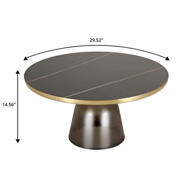 dimension image slide 3 of 5, 30-Inch Round Coffee Table Glass/Stone Tabletop with Gold Iron Rim Frame Glass Pedestal Base