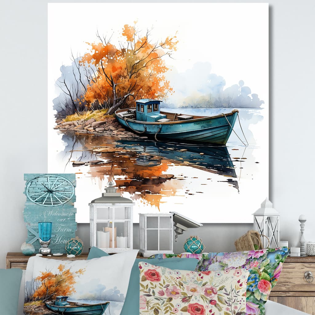 Designart "Autumn Tranquility Canoe By The Lake II" Boat Fishing Wall Art Modern Wrapped Canvas Wall Decor For Hallway