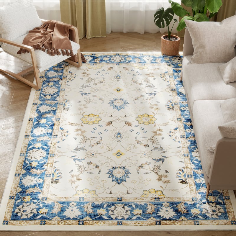 HOMCOM Area Rug 5x7, Machine Washable Rug, Non-Slip Boho Floral Print Floor Cover Foldable Carpet for Living Room - 6' x 7' - Oxford Blue - Rectangle - 6' x 7'