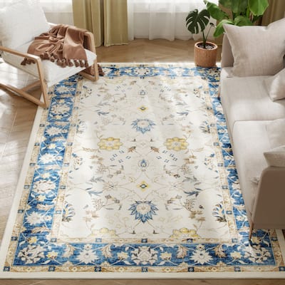 HOMCOM Area Rug 5x7, Machine Washable Rug, Non-Slip Boho Floral Print Floor Cover Foldable Carpet for Living Room - 6' x 7'