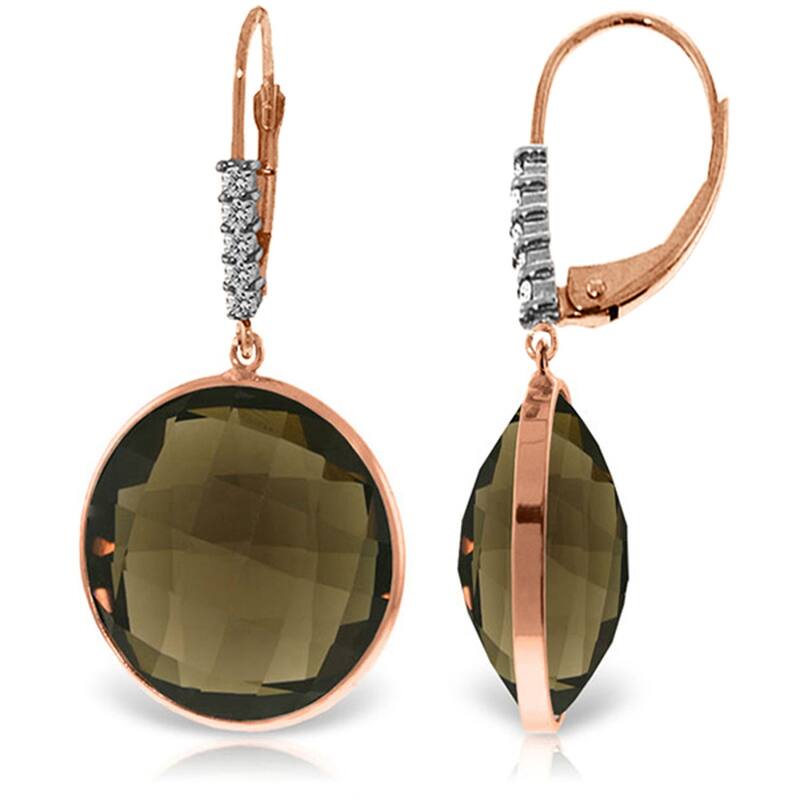 14K Solid Gold Diamonds Earrings w/ Checkerboard Cut Smoky Quartz - Rose