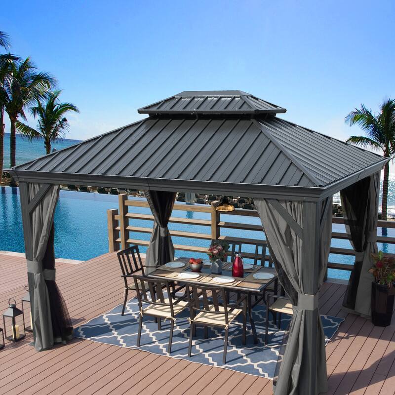 Kozyard Alexander Hardtop Aluminum Gazebo with Mosquito Net and Privacy Curtain