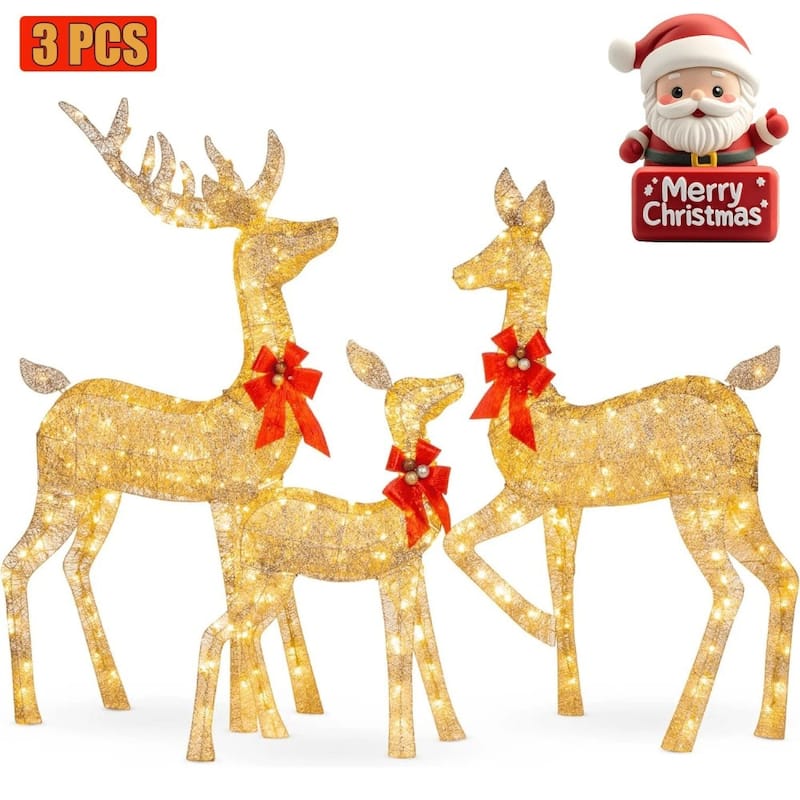 5ft Lighted Christmas Deer Set, 3-Piece Reindeer Holiday Decor - Golden