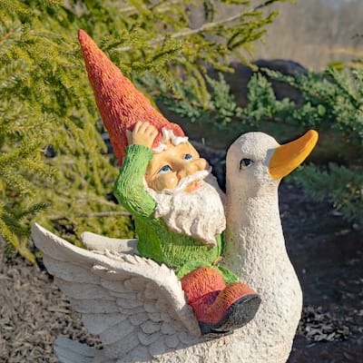 23 Inch Tall Spring Gnome Garden Statue Riding a Duck