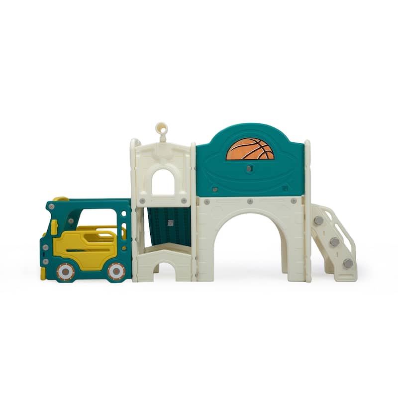 Bus-Themed 9-in-1 Kids Slide & Climbing Playset,Freestanding Castle Playhouse
