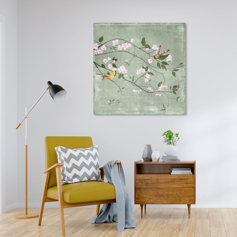 Wynwood Studio Canvas Floral and Botanical Cute Birds Flirt Green and Pastel Pink Farmhouse Wall Art Canvas Print - 30 x 30