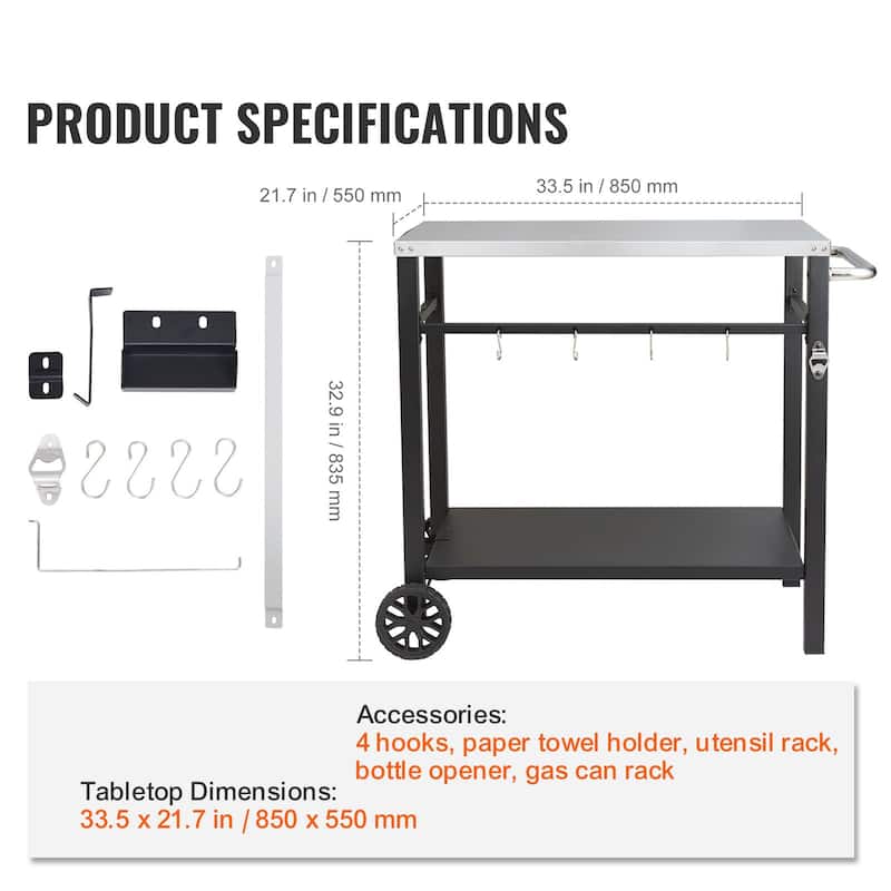 Multifunctional Stainless Steel Outdoor Grill Dining Cart with Double Shelf and Blow Molded Wheels - 39.37 x 25.19 x 32.87 inch