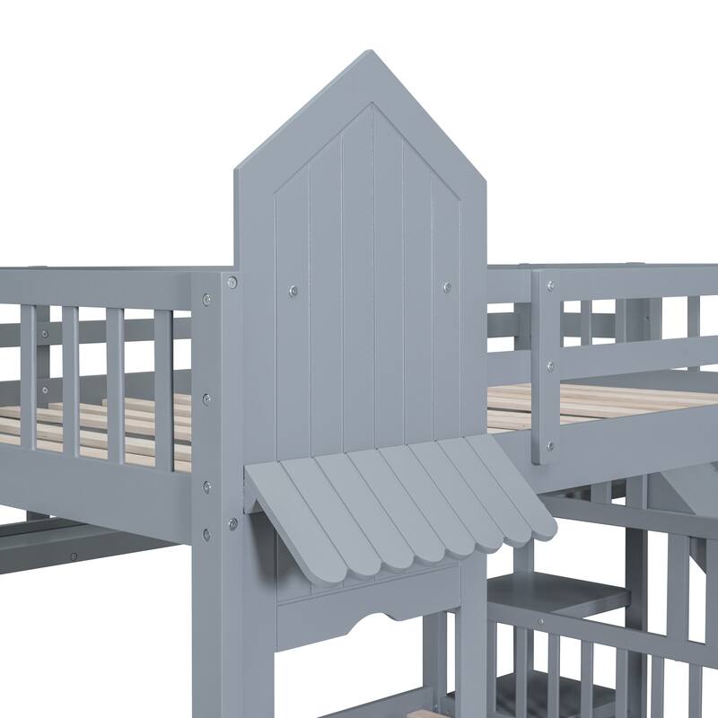 Castle Style Bunk Bed with 2 Drawers 3 Shelves and Slide