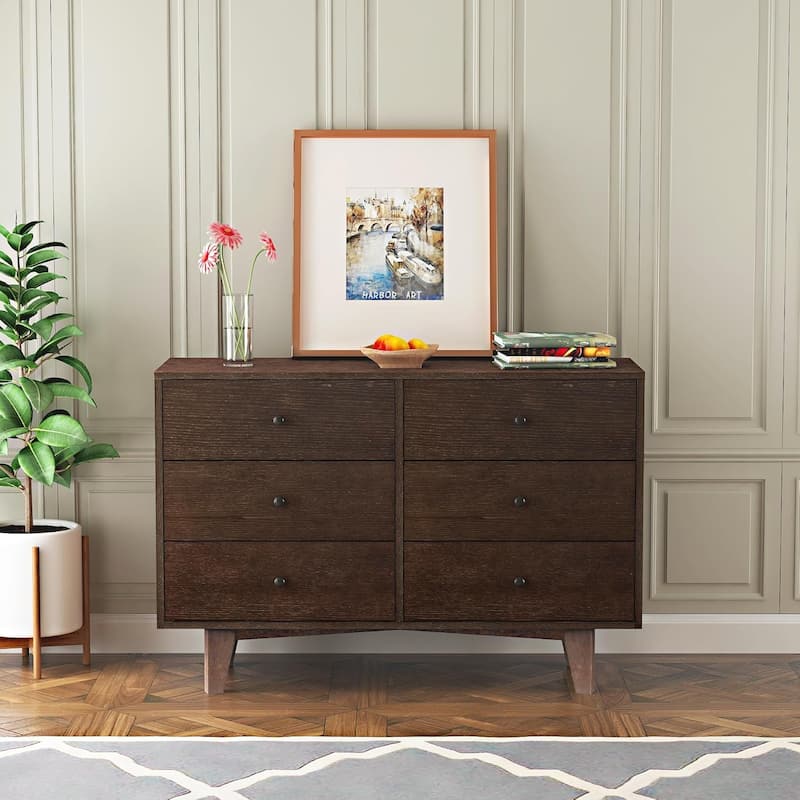 6 Drawers Dresser for Bedroom, Chest of Drawers with Handle Solid Wood Storage Organizer - Brown - 6-drawer