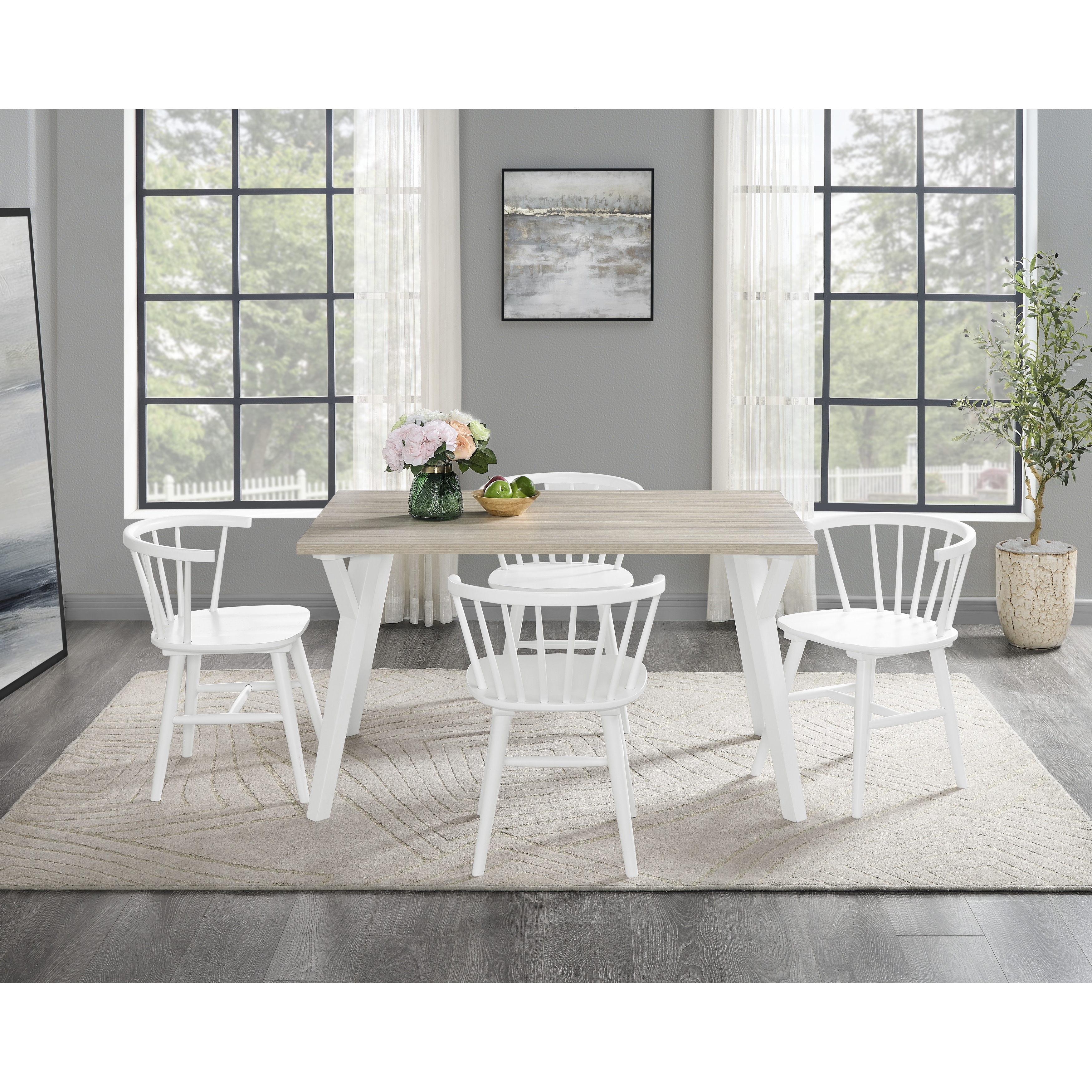 Roundhill Alwynn White and Natural Wood 5-piece Dining Set, Dining Table with 4 Windsor Chairs