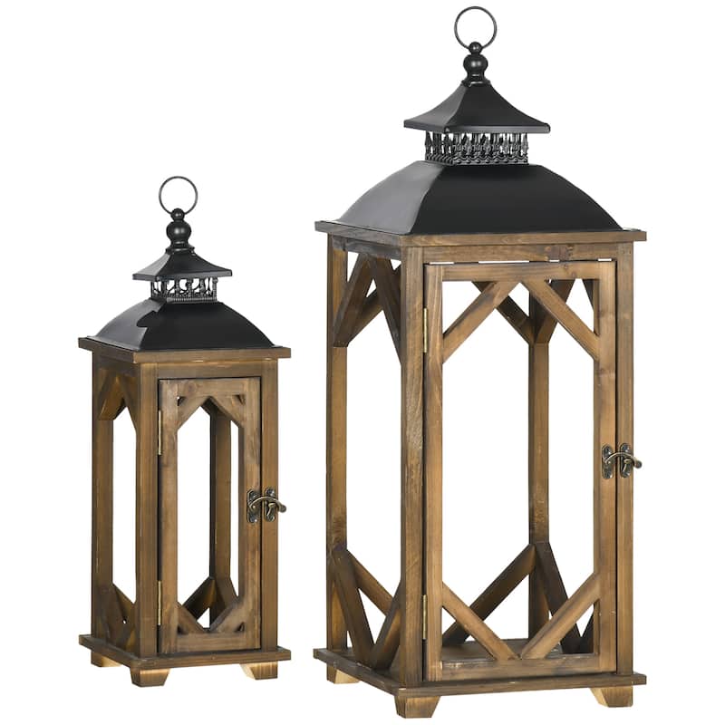 HOMCOM 2 Pack 31"/21" Large Rustic Lantern Decorations, Hanging Wooden Metal Indoor Covered Outdoor Lantern