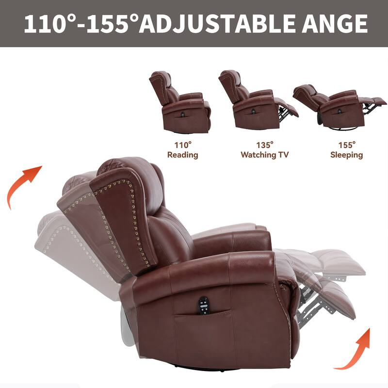 Manual Recliner Chair with Heat & Massage, Genuine Leather Swivel Recliner Chair, Lounge Sofa Chair with Side Pockets