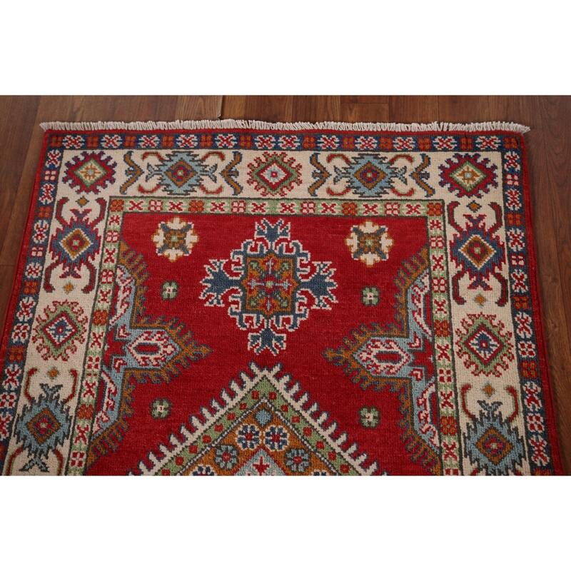 Geometric Red Kazak Accent Rug Home Decor Hand-Knotted Wool Carpet - 2'10" x 4'5"