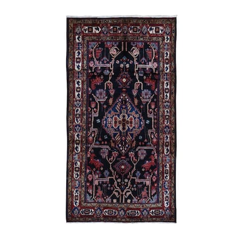 Shahbanu Rugs Black Wide and Long Vintage Persian Nahavand Full Pile Natural Wool Hand Knotted Oriental Rug (4'10" x 9'2")