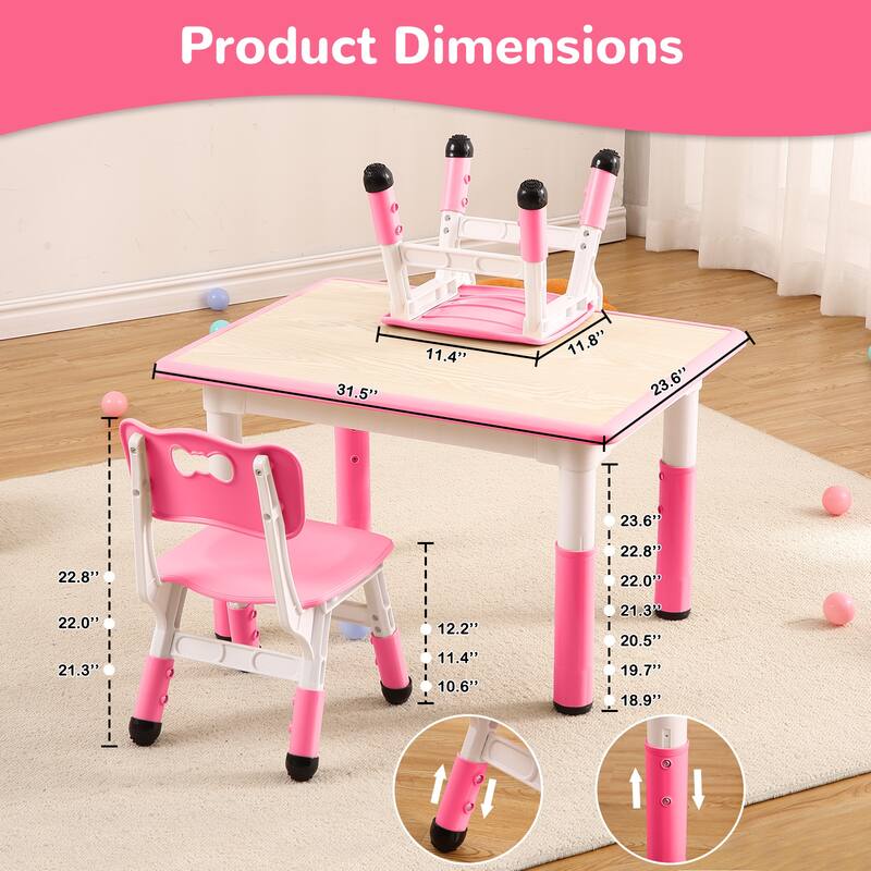 Kids Table and Chairs Set, Height Adjustable Desk With 4 Seats