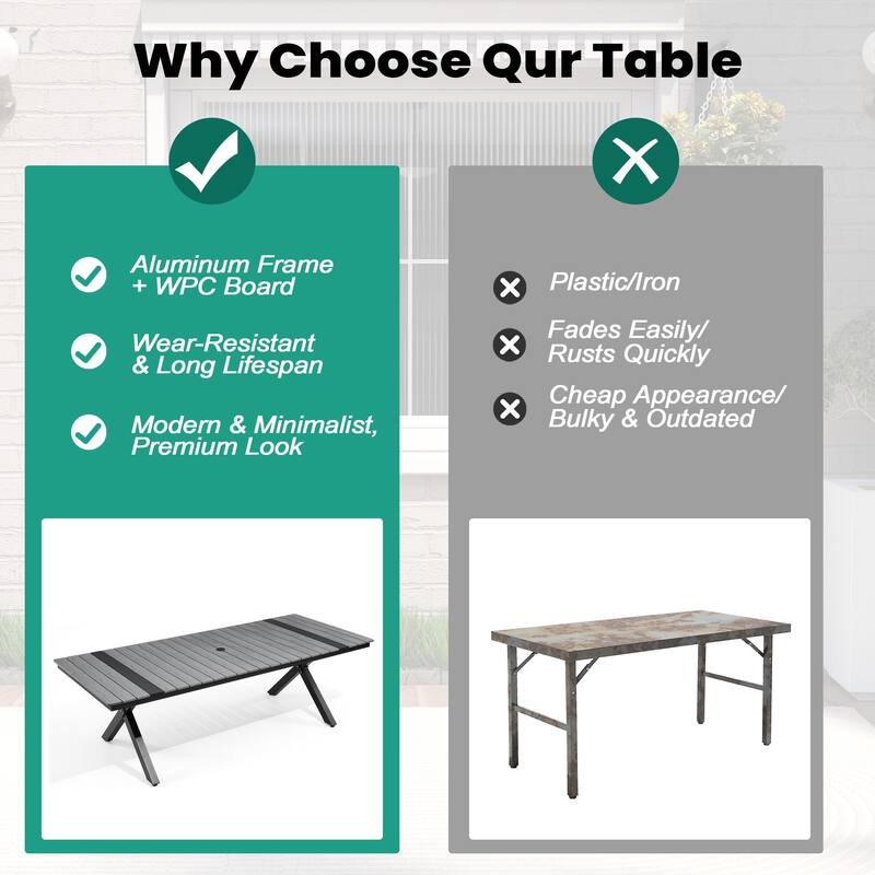 VredHom Aluminum Rectangular Outdoor Patio Dining Table with Umbrella Hole X Frame