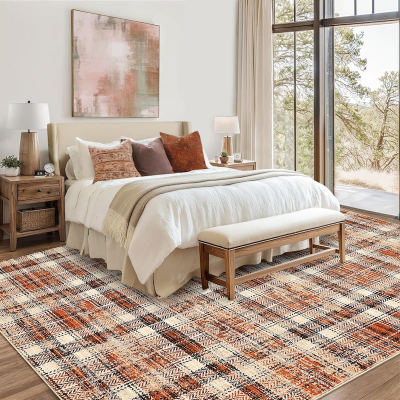 Garvee Earthy Plaid Soft Low Pile Foldable Area Rug