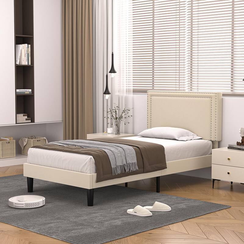 Beige Twin Bed Nailhead Upholstered Platform Bed Frame with Adjustable Headboard