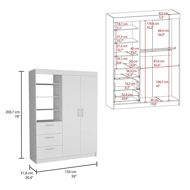 20.4" Modern Double-door Armoire with Hanging Rods, 3 Drawers and 3-Tier Shelf