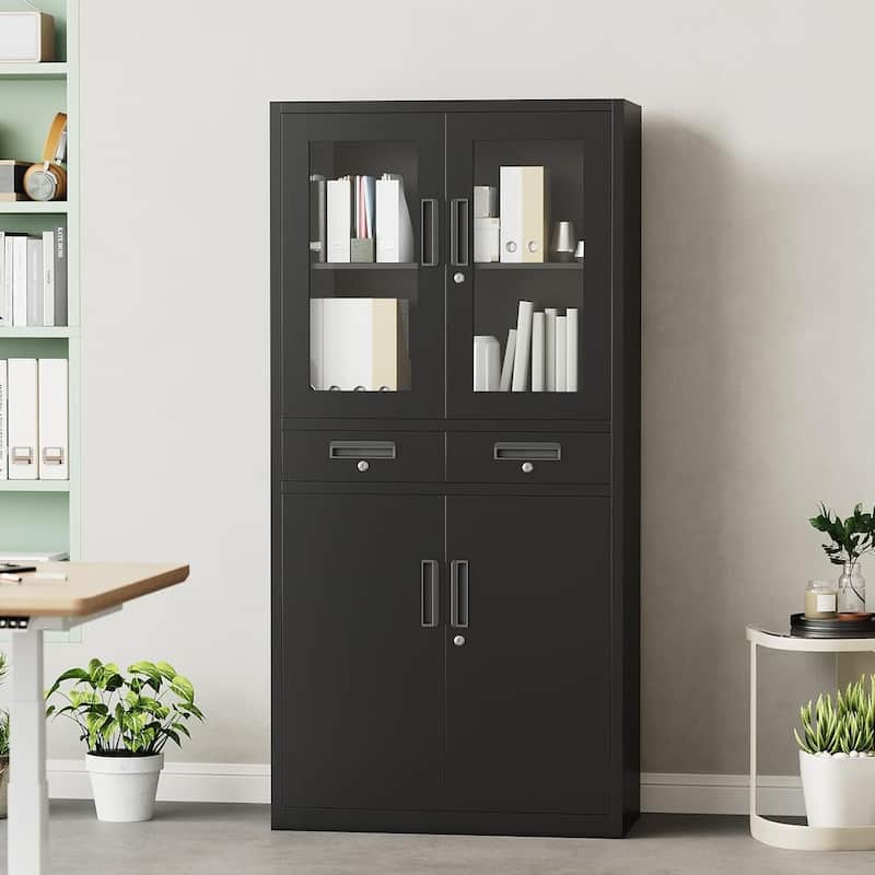 71" Black Metal Storage Cabinet with Glass Doors for Workshop, Office - N/A