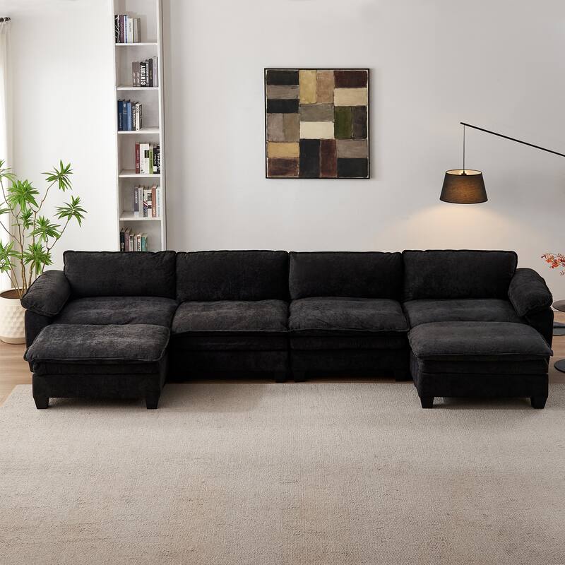 Roomfitters Large Modular 4-Seater Sofa with 2 Ottomans, U-Shaped Sectional Couch for Living Room - Black